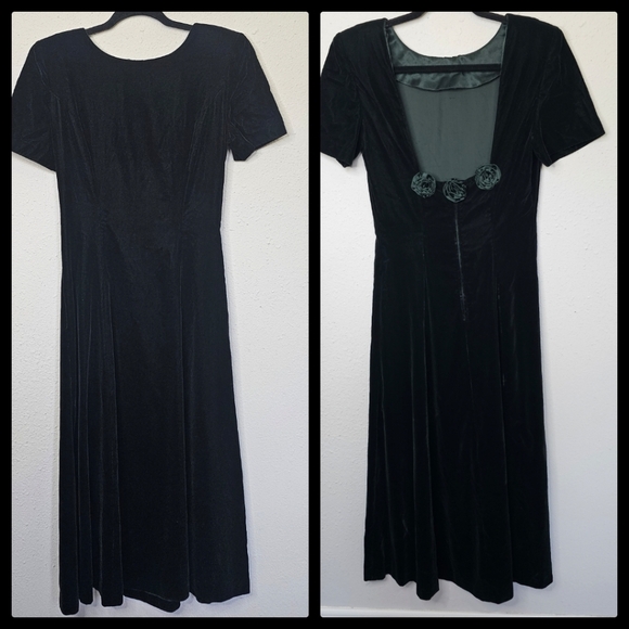 Vtg Maggie London Green Velvet Dress  Size 6 Low Back Formal Holiday Flower - Picture 1 of 15